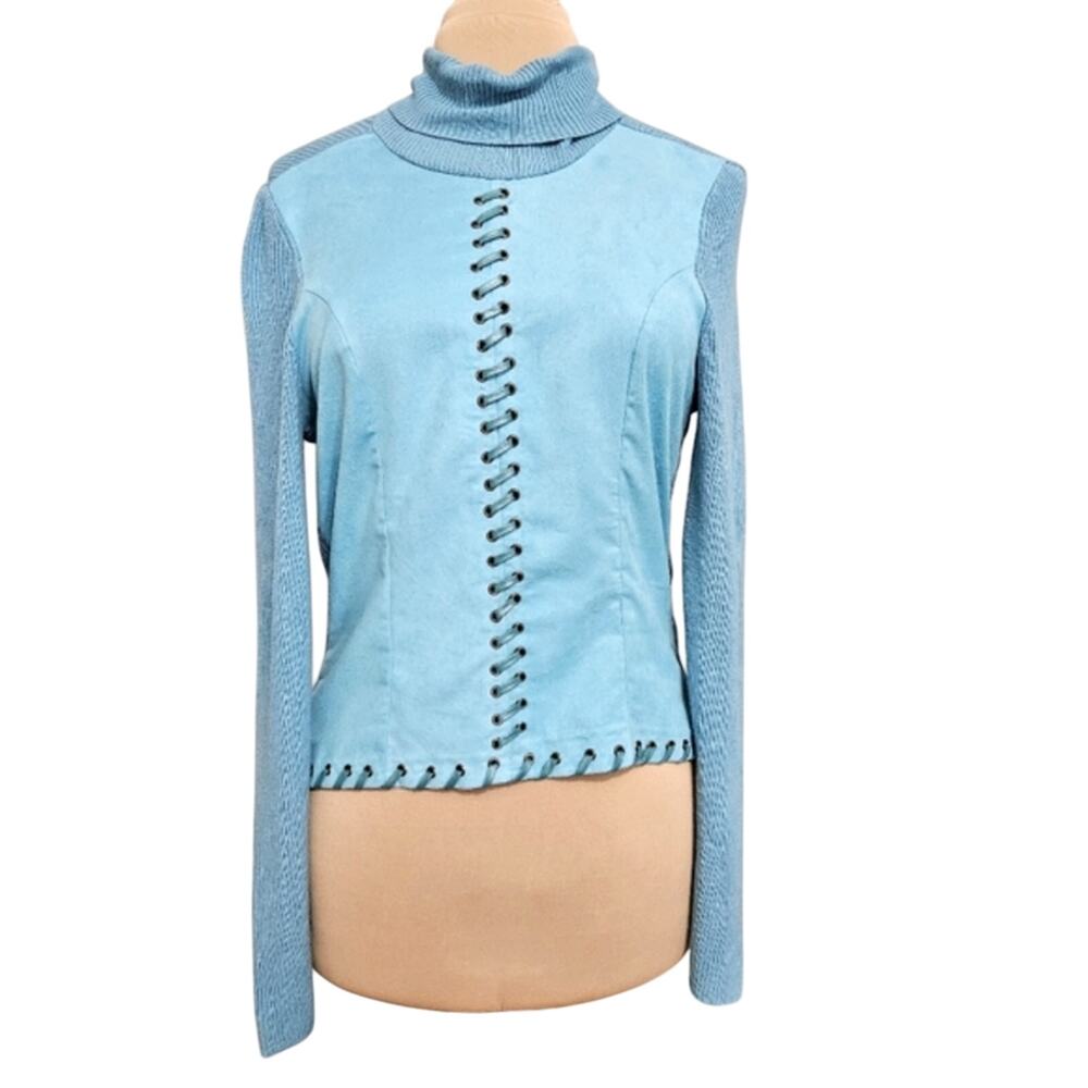 Radzoli Leather‎ Lace Up Turtleneck Knit Sweater Turquoise Suede-Like Front Sz M